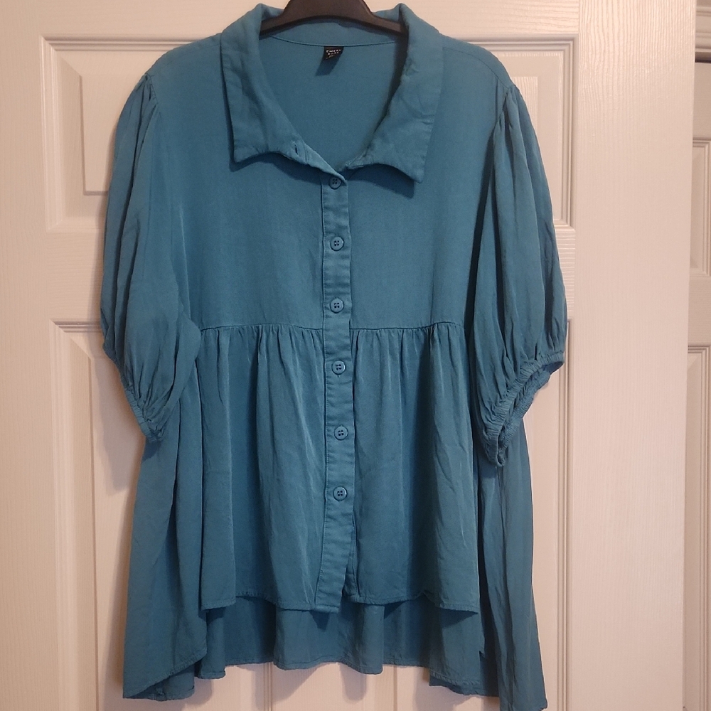 Emery Rose Loose Teal Button-Front Peplum Blouse, 2XL